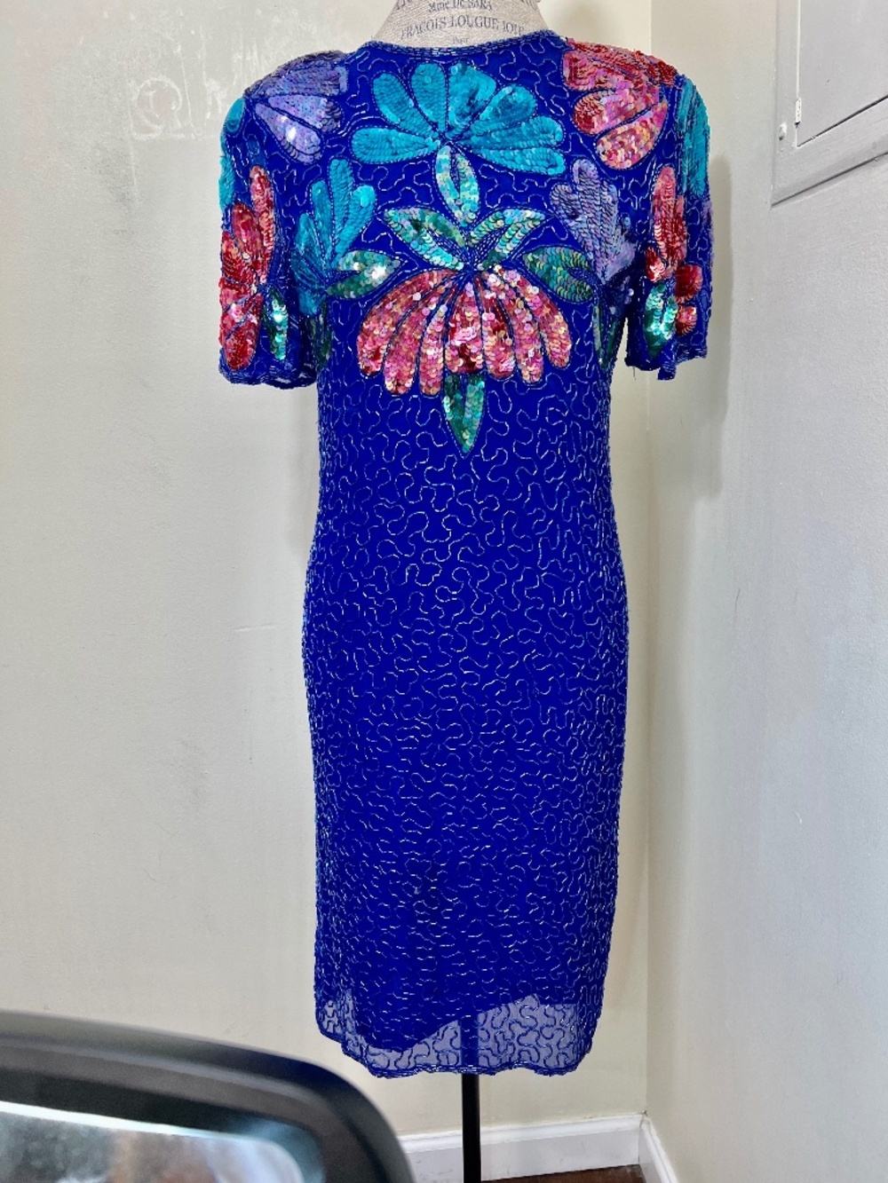 Vintage 'Swee Lo' Royal Blue 100% Sheer Silk Royal Blue Beaded Dress Size M